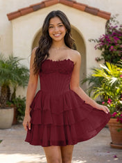 Pink Lace Strapless Corset Mini Dress Tiered Chiffon Skirt Lace Up Back Homecoming Dresses