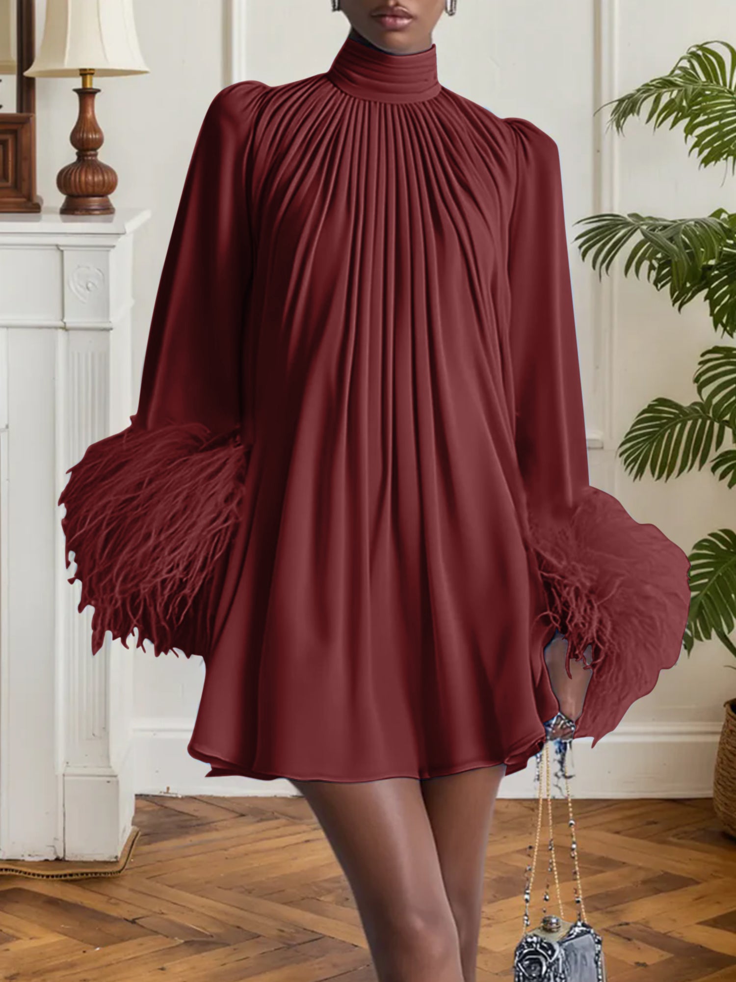 Blue Feather Ruched Chiffon Mock Neck Long Sleeve A-Line Mini Dress