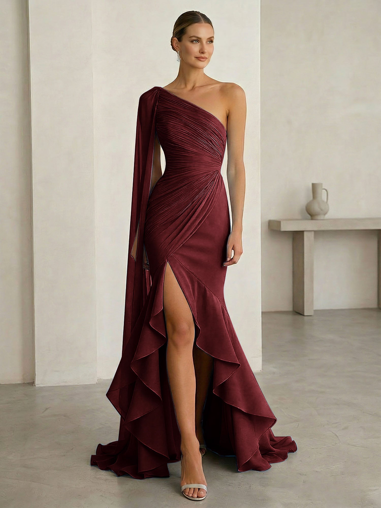 Glamorous Midnight Navy Formal Evening Dress One-Shoulder Ruched Cape Gown
