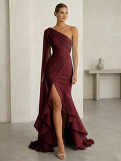 Glamorous Midnight Navy Formal Evening Dress One-Shoulder Ruched Cape Gown