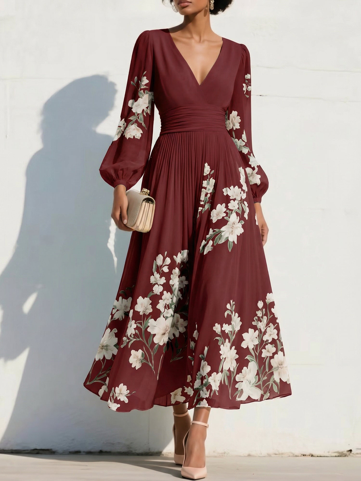 Elegant Floral V-Neck Pleated Midi Dress with Long Sleeves