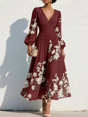 Elegant Floral V-Neck Pleated Midi Dress with Long Sleeves