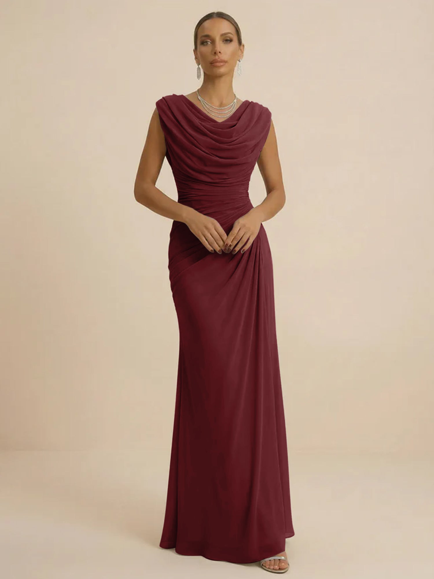 Dusty Grey Draped Cowl Neck Ruched Chiffon Evening Dresses