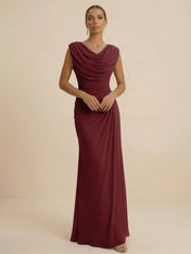 Dusty Grey Draped Cowl Neck Ruched Chiffon Evening Dresses