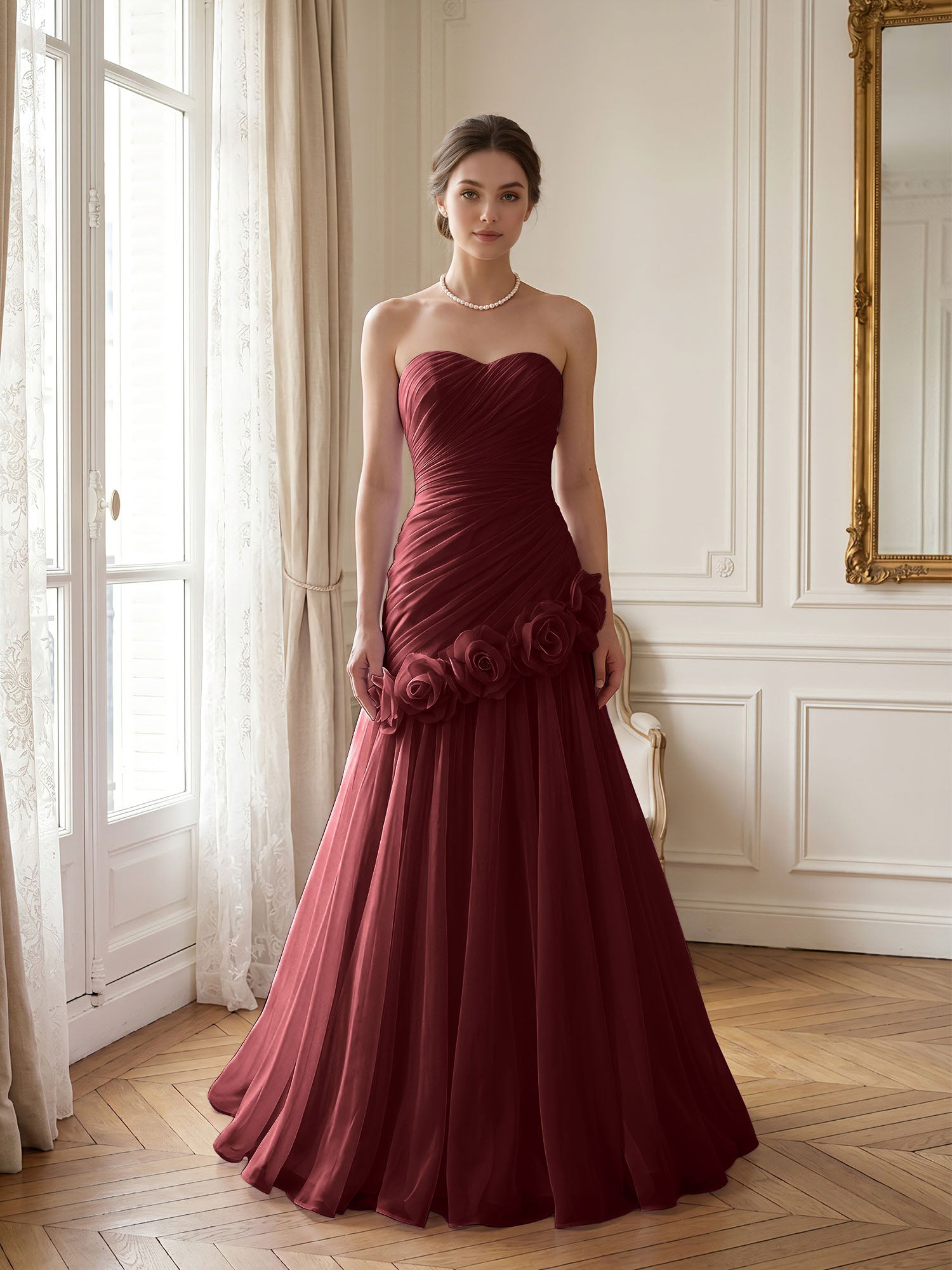 Lilac 3D Rosette Strapless Chiffon Evening Formal Gown Wedding Guest Dress