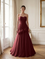 Lilac 3D Rosette Strapless Chiffon Evening Formal Gown Wedding Guest Dress