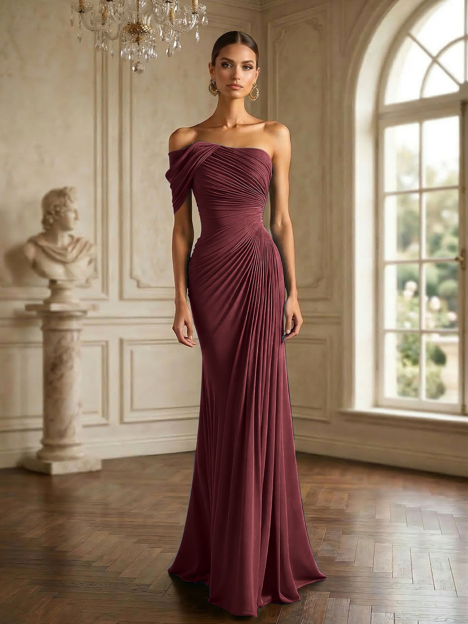 One Shoulder Pleat Mermaid Chiffon Evening Dresses for Women Gown