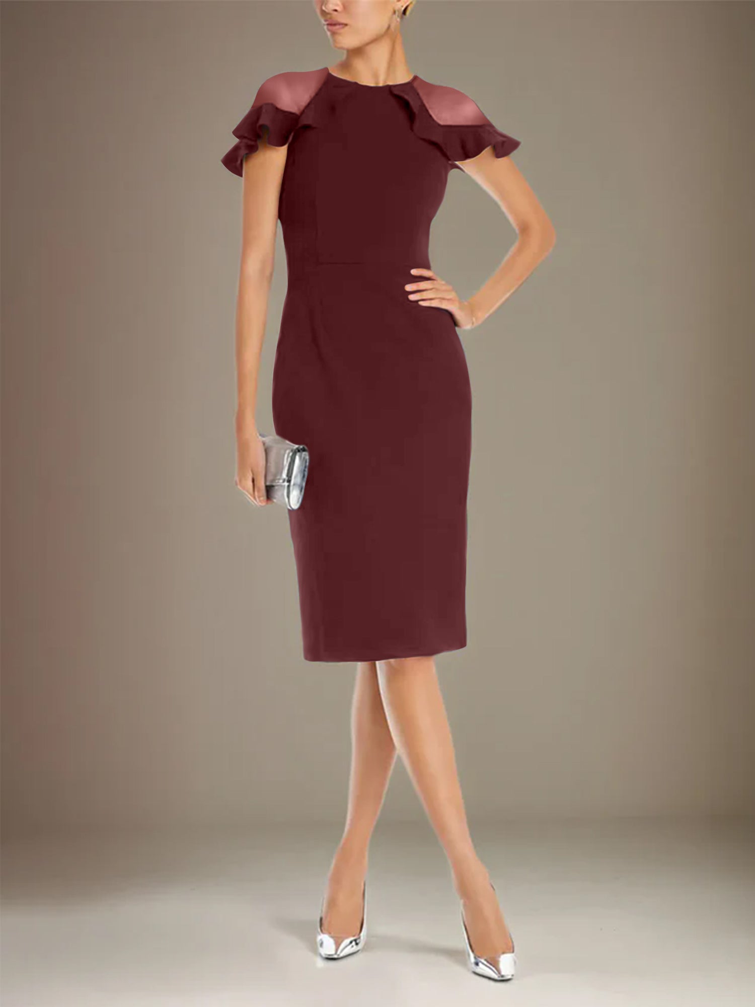 Column Stretch Crepe Scoop Short Sleeves Knee Length Dress