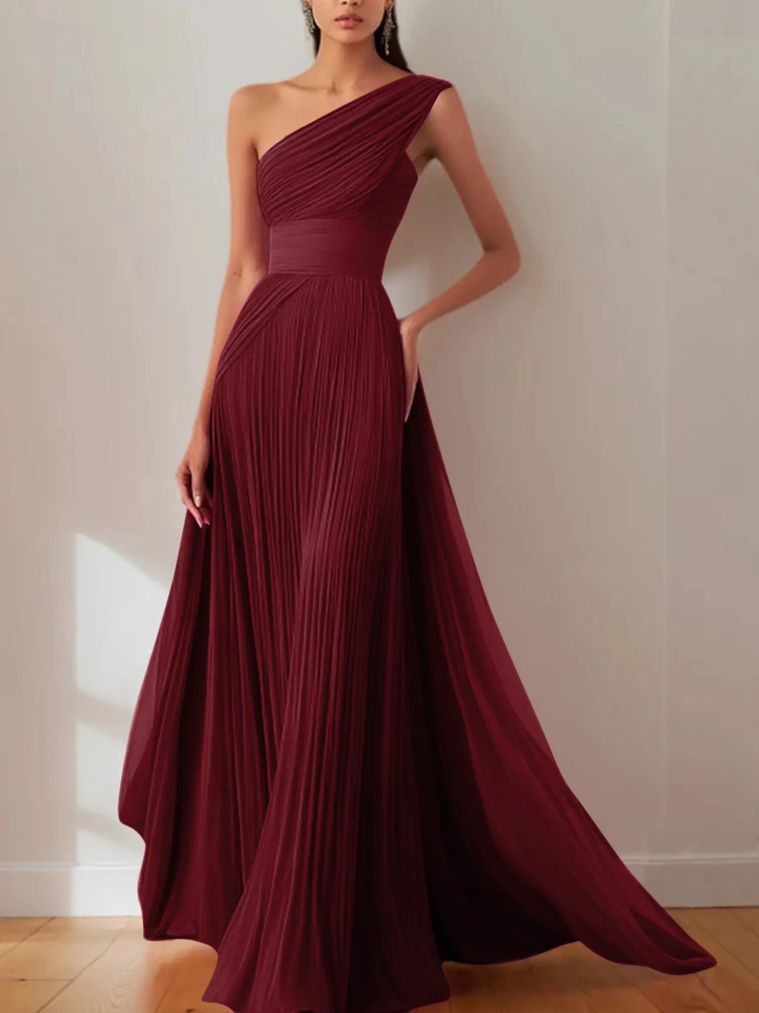Prom Formal Pleated Dress Rose Color One-Shoulder Maxi Dress