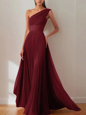 Prom Formal Pleated Dress Rose Color One-Shoulder Maxi Dress