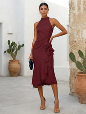 Pink High Neck Chiffon Mermaid Tea Length Evening Dress with Ruffle