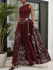 Midnight Black Lace Hollow Out Crew Neck Sleeveless A-Line Maxi Dress