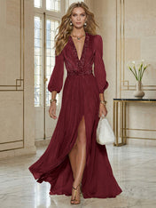 Elegant Beige Chiffon V-neck With Rhinestone Embellishments And A Side Slit Maxi Dress