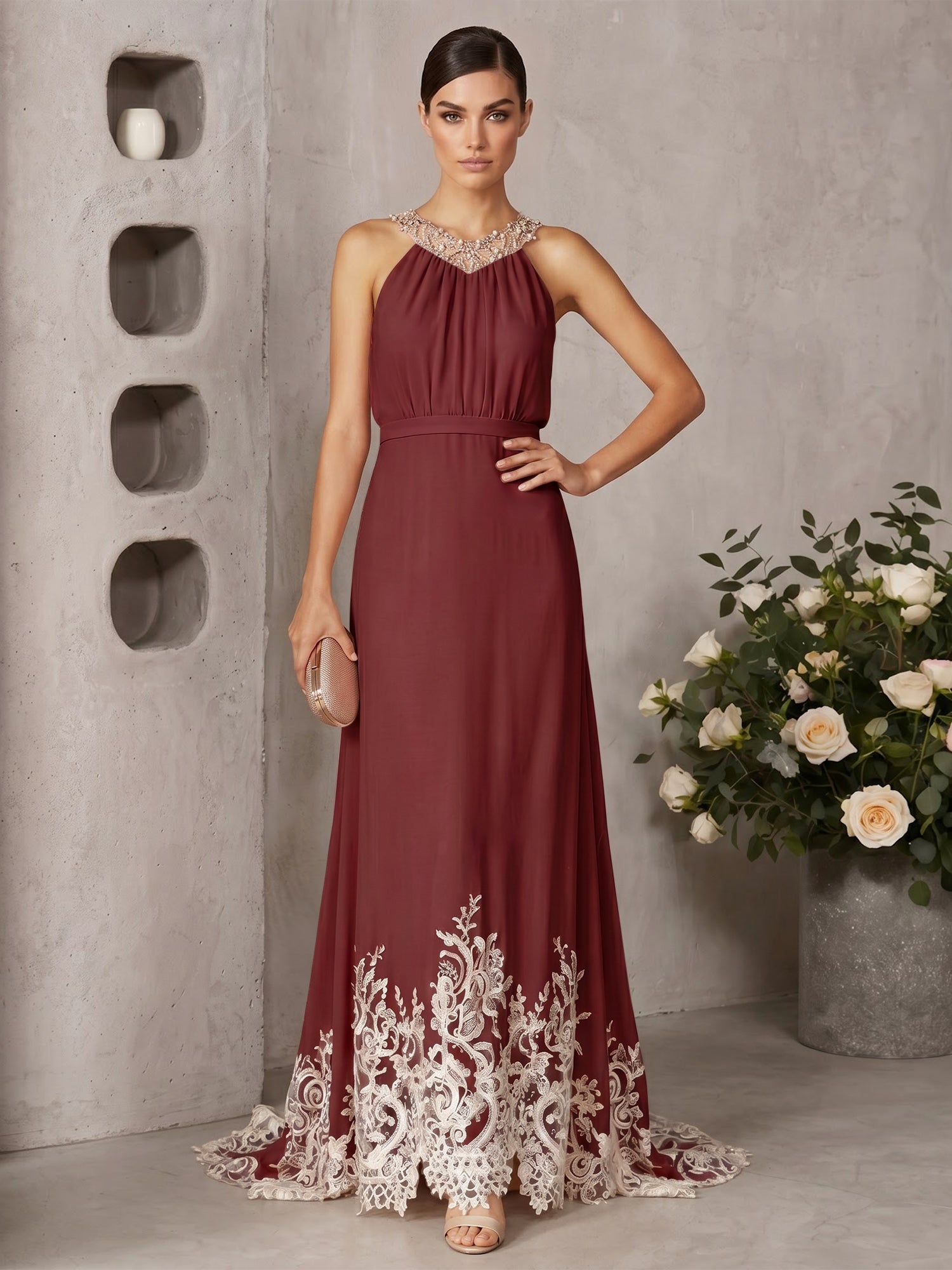 Pink Beaded Ruched Chiffon Halter Sleeveless A-Line Gown Maxi Dress