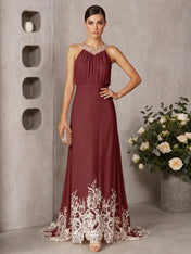 Pink Beaded Ruched Chiffon Halter Sleeveless A-Line Gown Maxi Dress