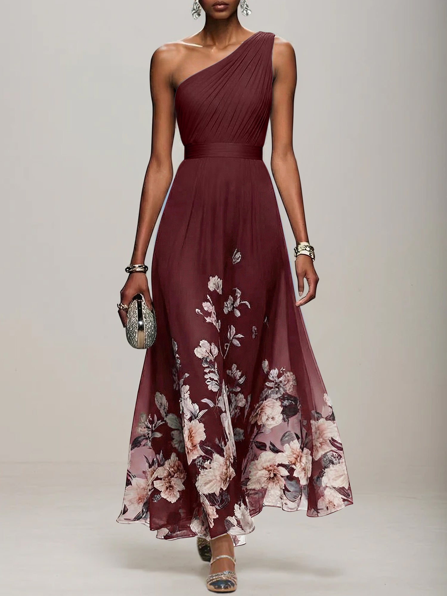Light Blue Floral Chiffon One Shoulder Sleeveless A-Line Maxi Dress Gown