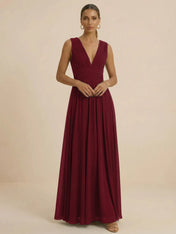 Teal Pleated V-Neck Chiffon Evening Gown with Ruched