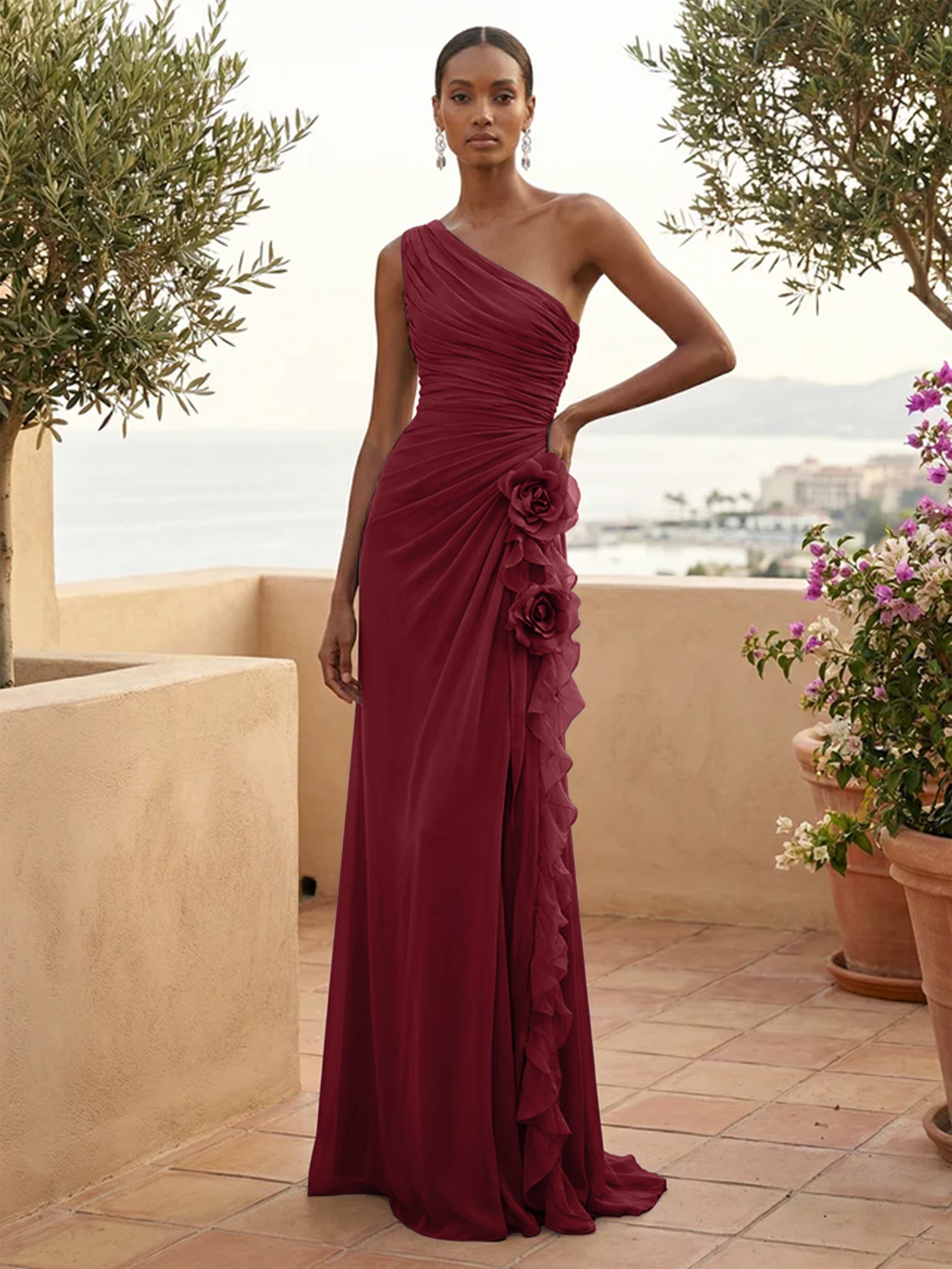 One Shoulder Pleat Mermaid A Line Ruffle Evening Dresses