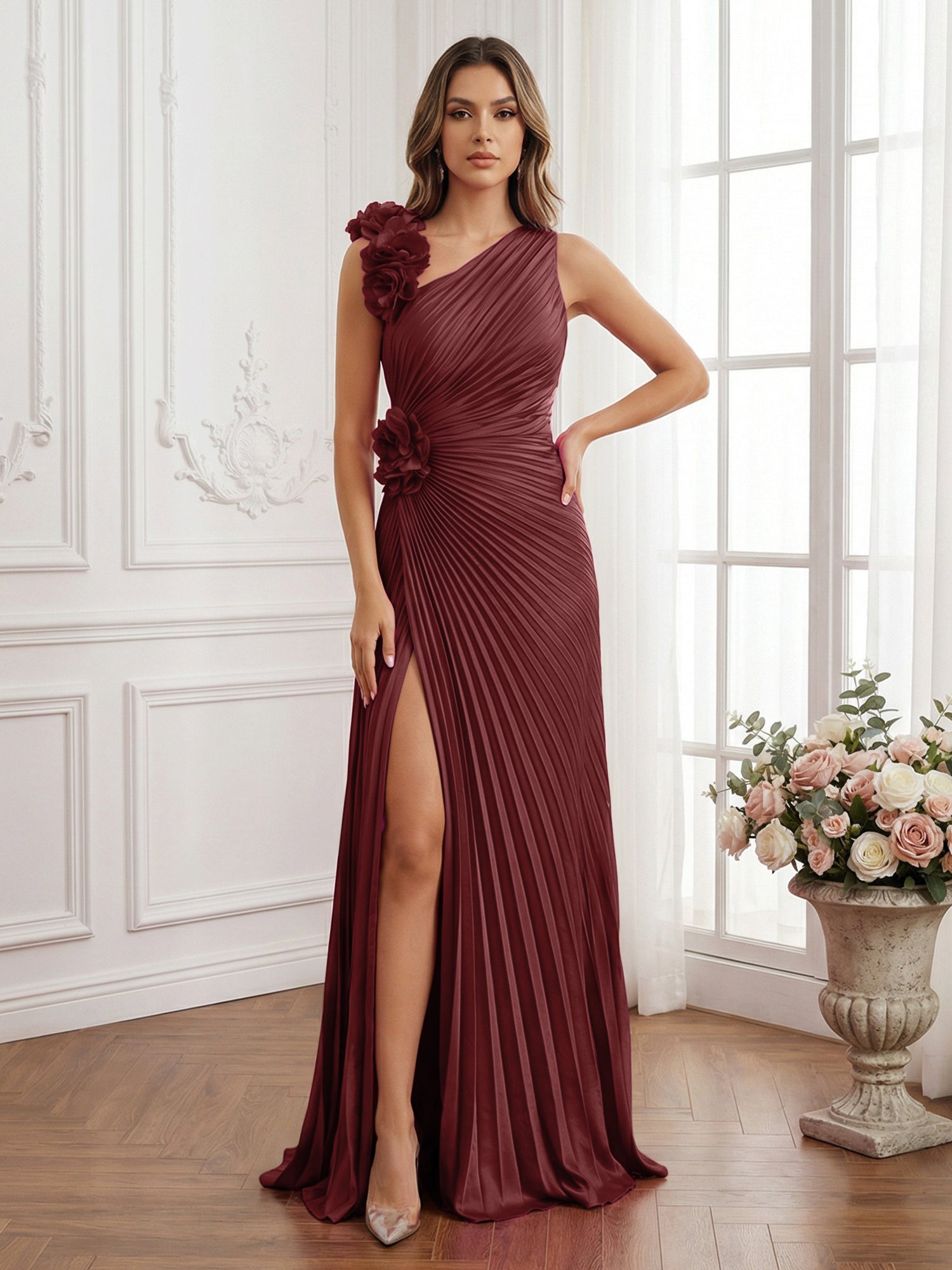 Olive Green Pleated One-Shoulder Prom Dress with 3D Rosettes