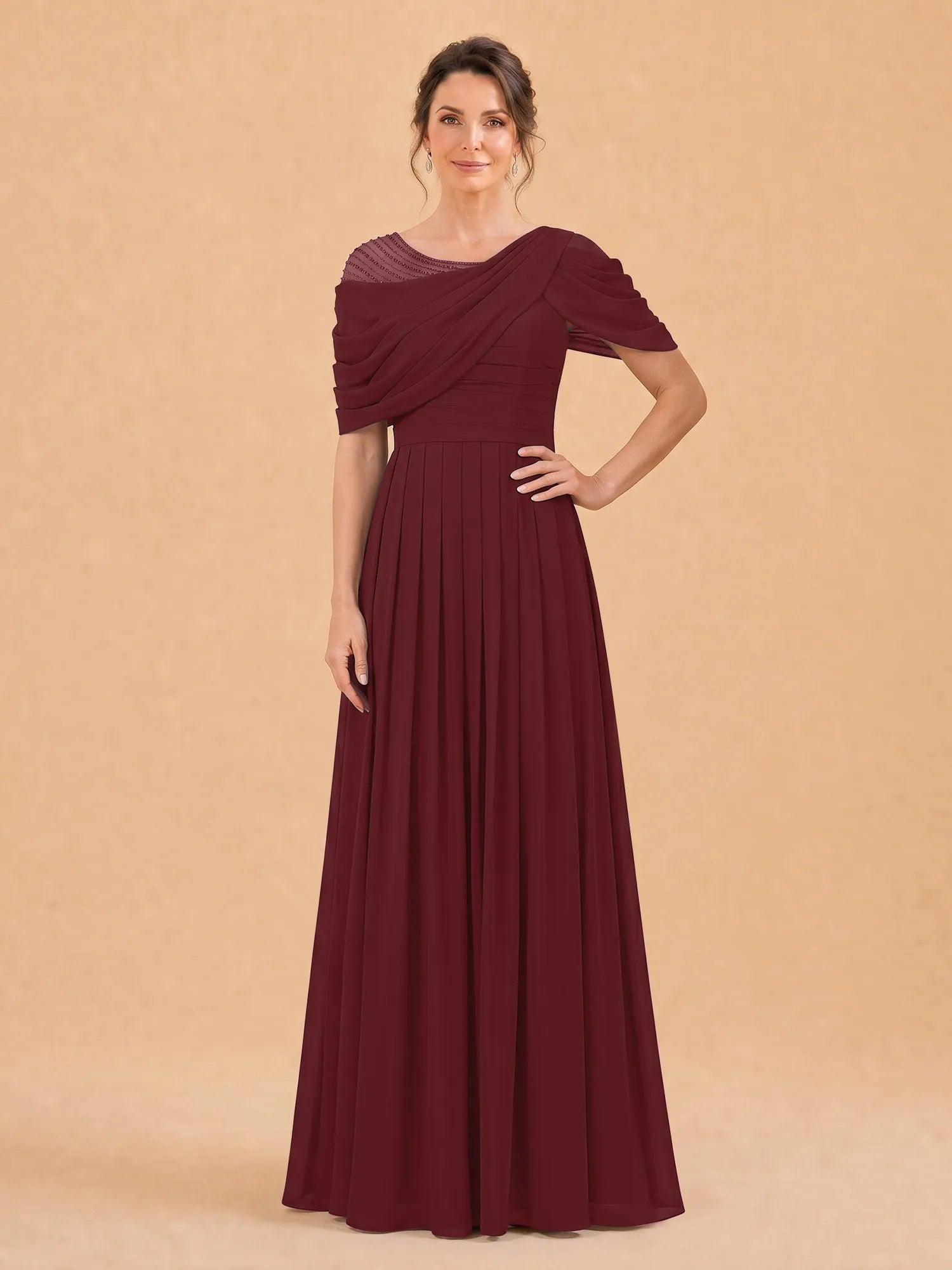 One-Shoulder Cape Overlay Chiffon Mother of the Bride Dress