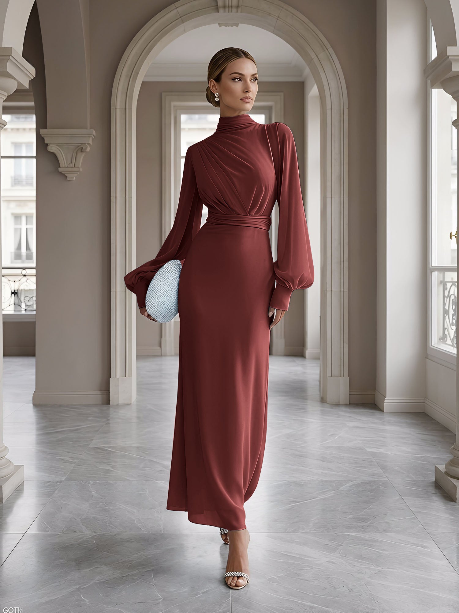 Ice Blue High-Neck Bishop Sleeve Gown Foraml Evening Dress
