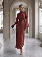 Ice Blue High-Neck Bishop Sleeve Gown Foraml Evening Dress