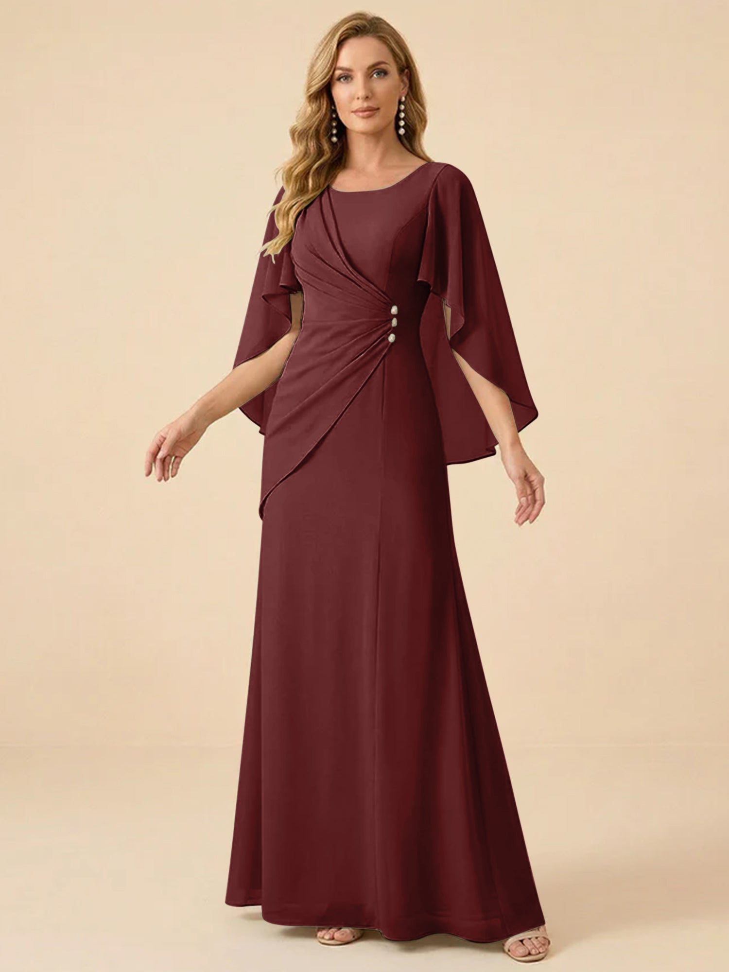 Sage Green Chiffon Beaded Mother of the Bride Dress with Cape Sleeves
