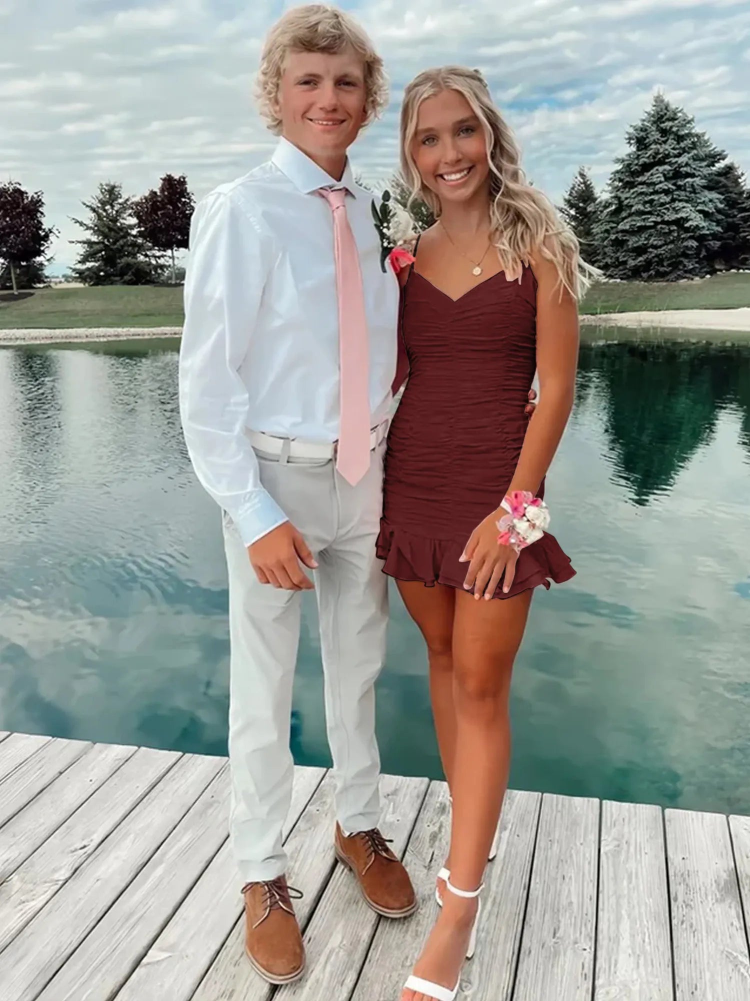 Cute Sheath Satin Short Homecoming Dress with Ruffles