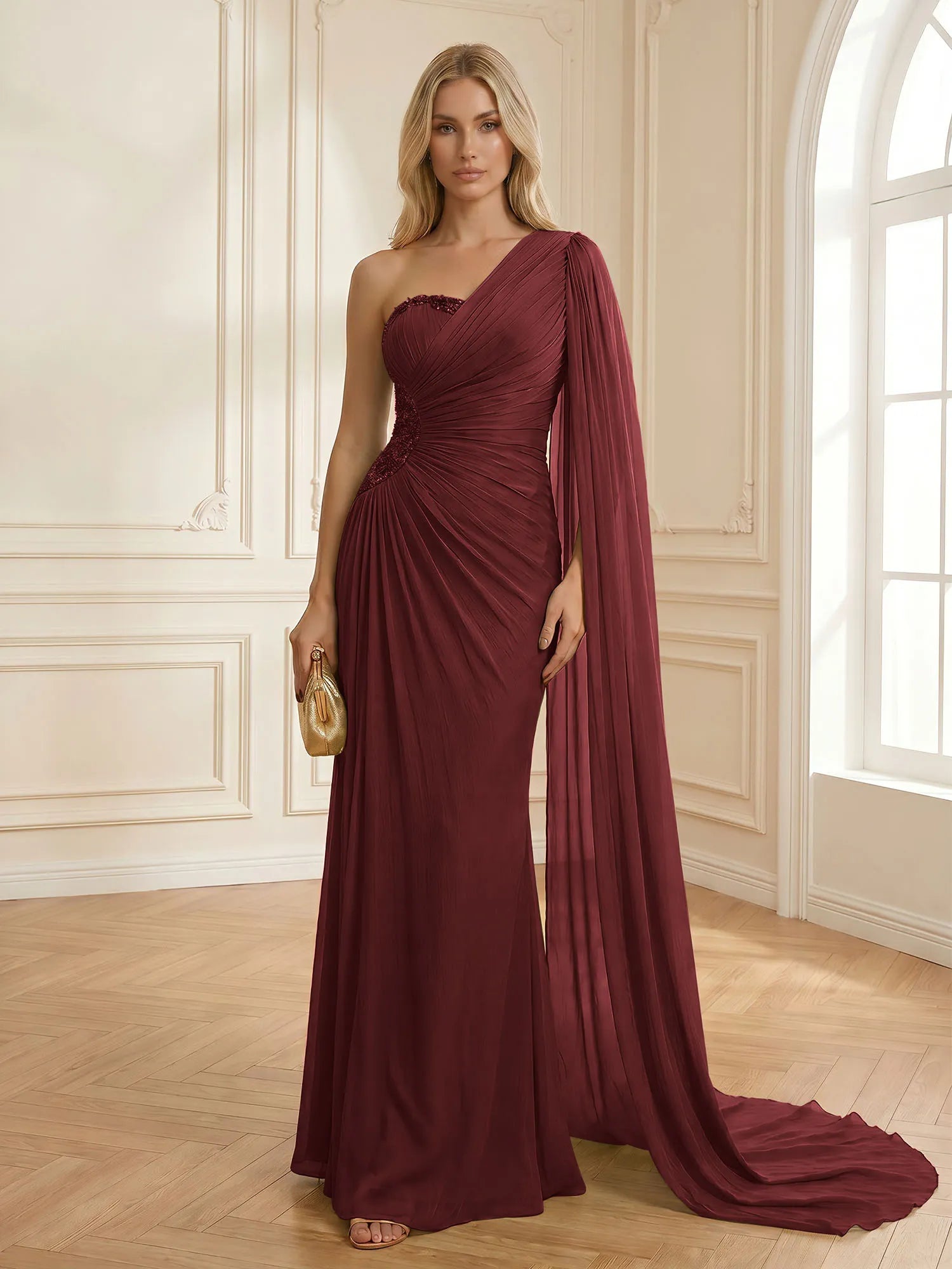 Sage Green One Shoulder Beaded Evening Gown with Cape Sleeve