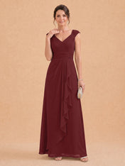 V-Neck Ruched Chiffon A-Line Mother of the Bride Dress with Cascading Ruffle