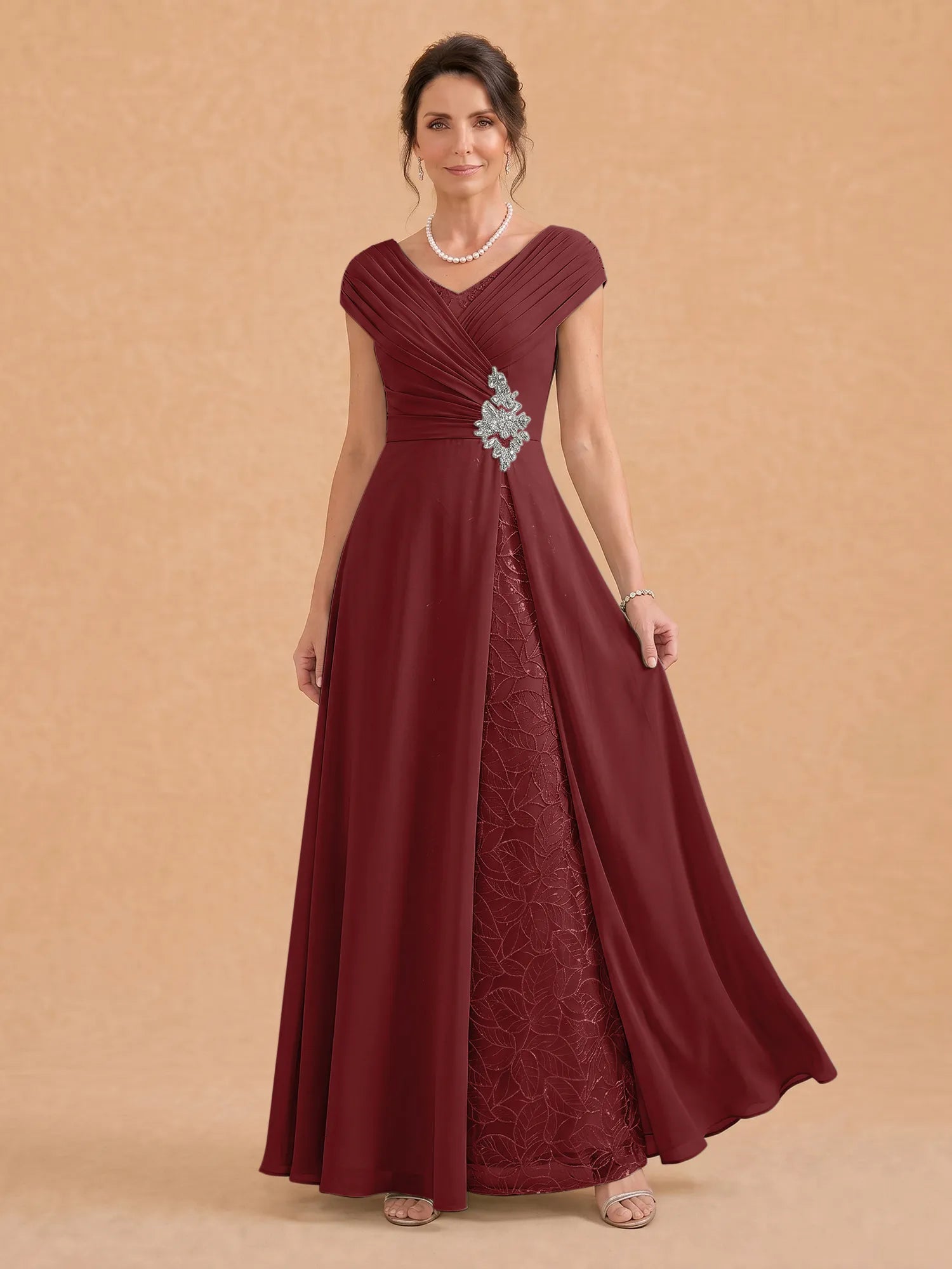 V-Neck Ruched Chiffon A-Line Mother of the Bride Dress with Crystal Brooch