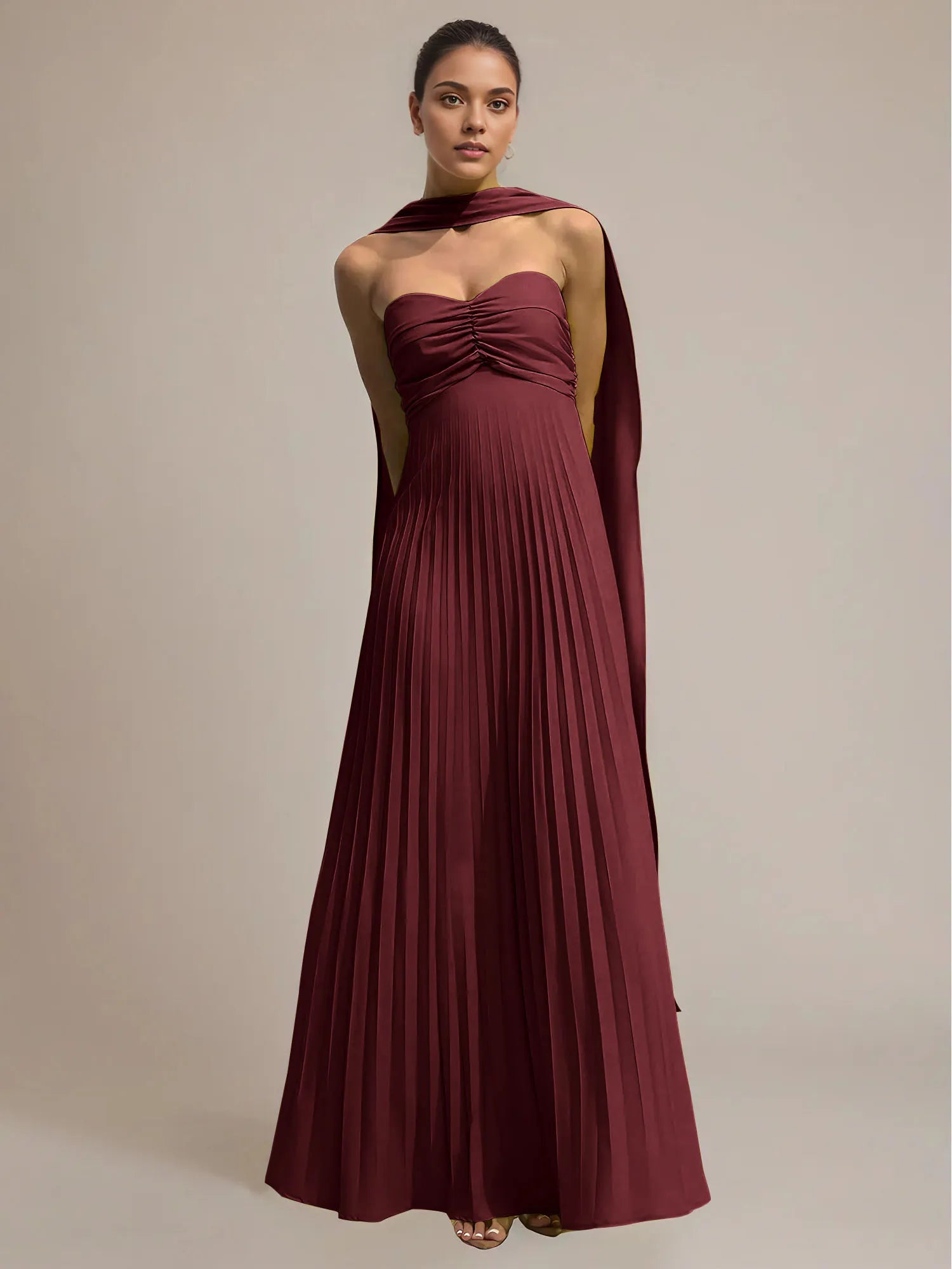 Green Chiffon A Line Off The Shoulder Sleeveless Floor Length Pleated Dress