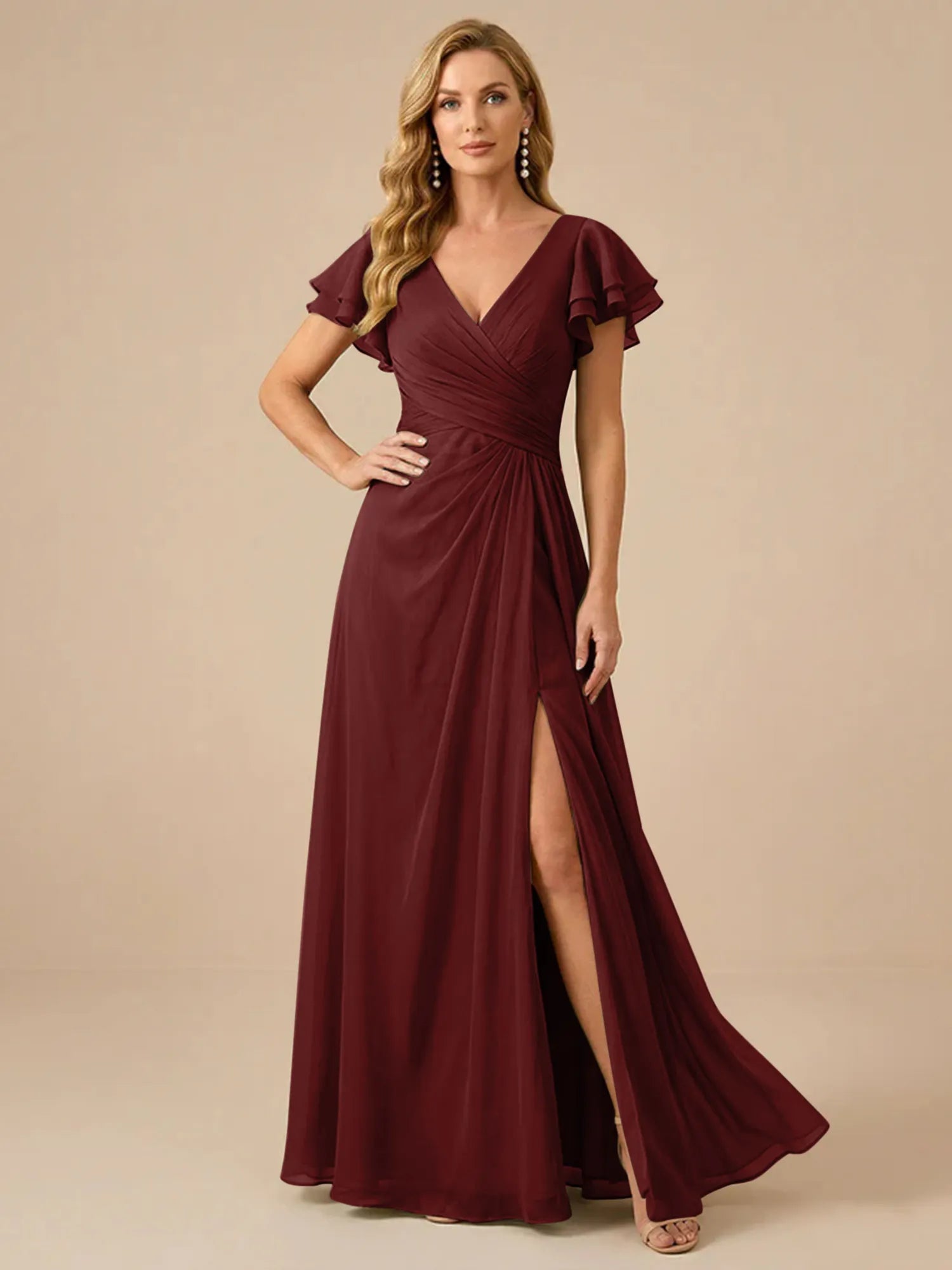 Sage Green V-Neck High-Slit Pleated Chiffon Dress