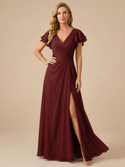 Sage Green V-Neck High-Slit Pleated Chiffon Dress