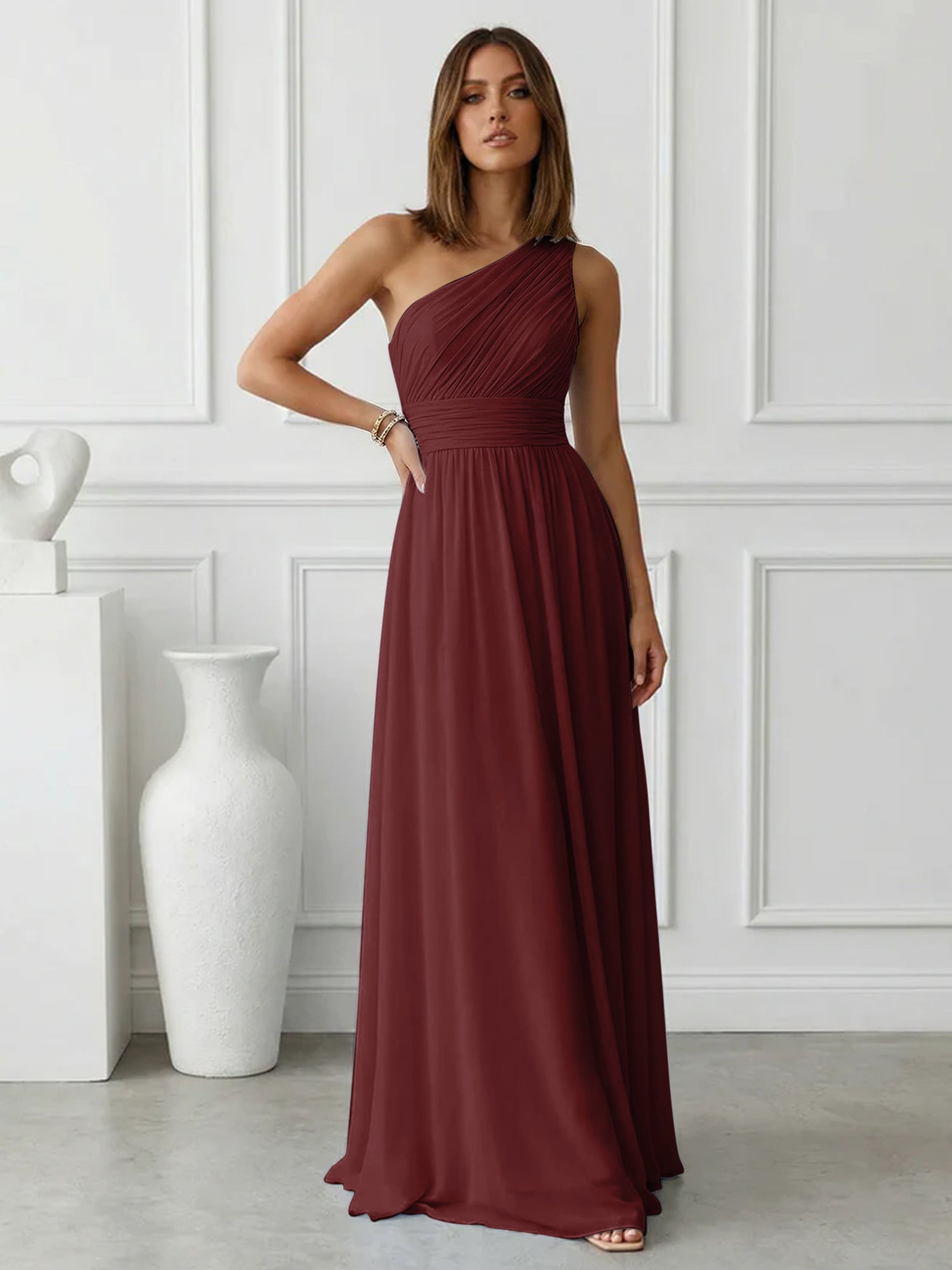 Timeless Light Blue One-Shoulder Maxi Dress Ruched Chiffon Gown