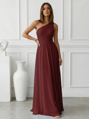 Timeless Light Blue One-Shoulder Maxi Dress Ruched Chiffon Gown
