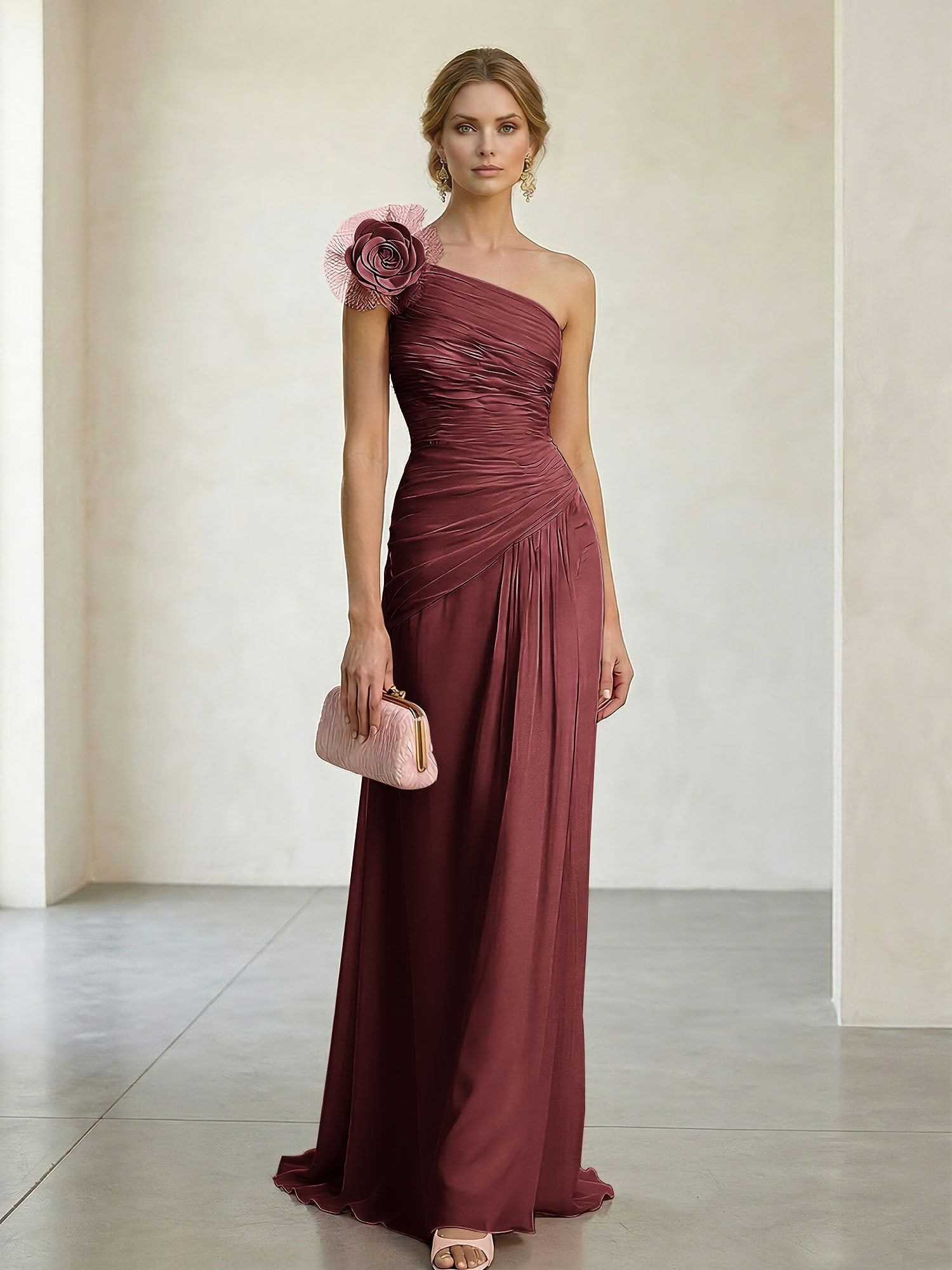 Blush Pink One-Shoulder Ruched 3D Floral Gown Dress
