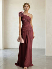 Blush Pink One-Shoulder Ruched 3D Floral Gown Dress