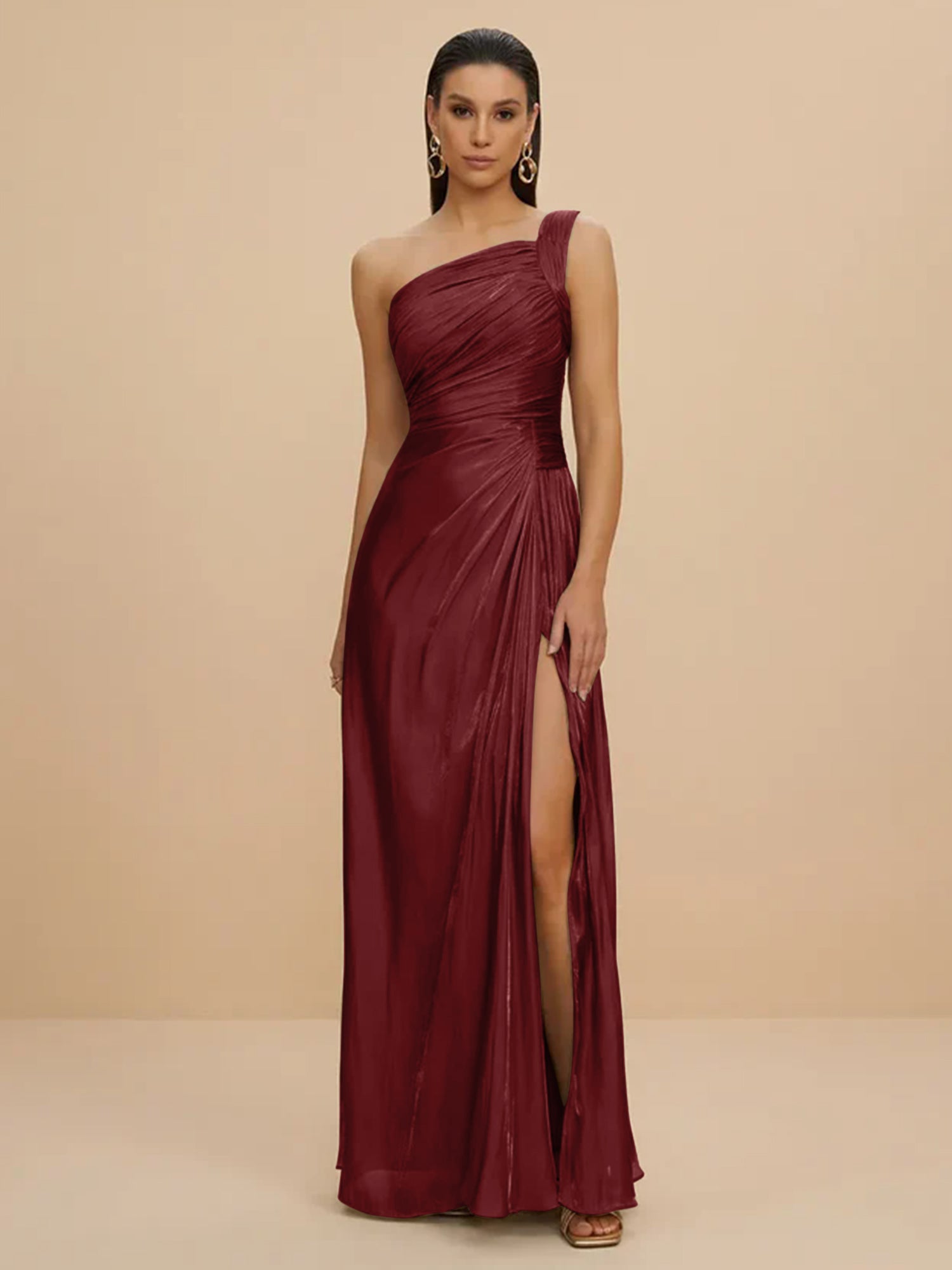 Forma Dress One Shoulder Metallic Pleated Evening Gown with High Slit