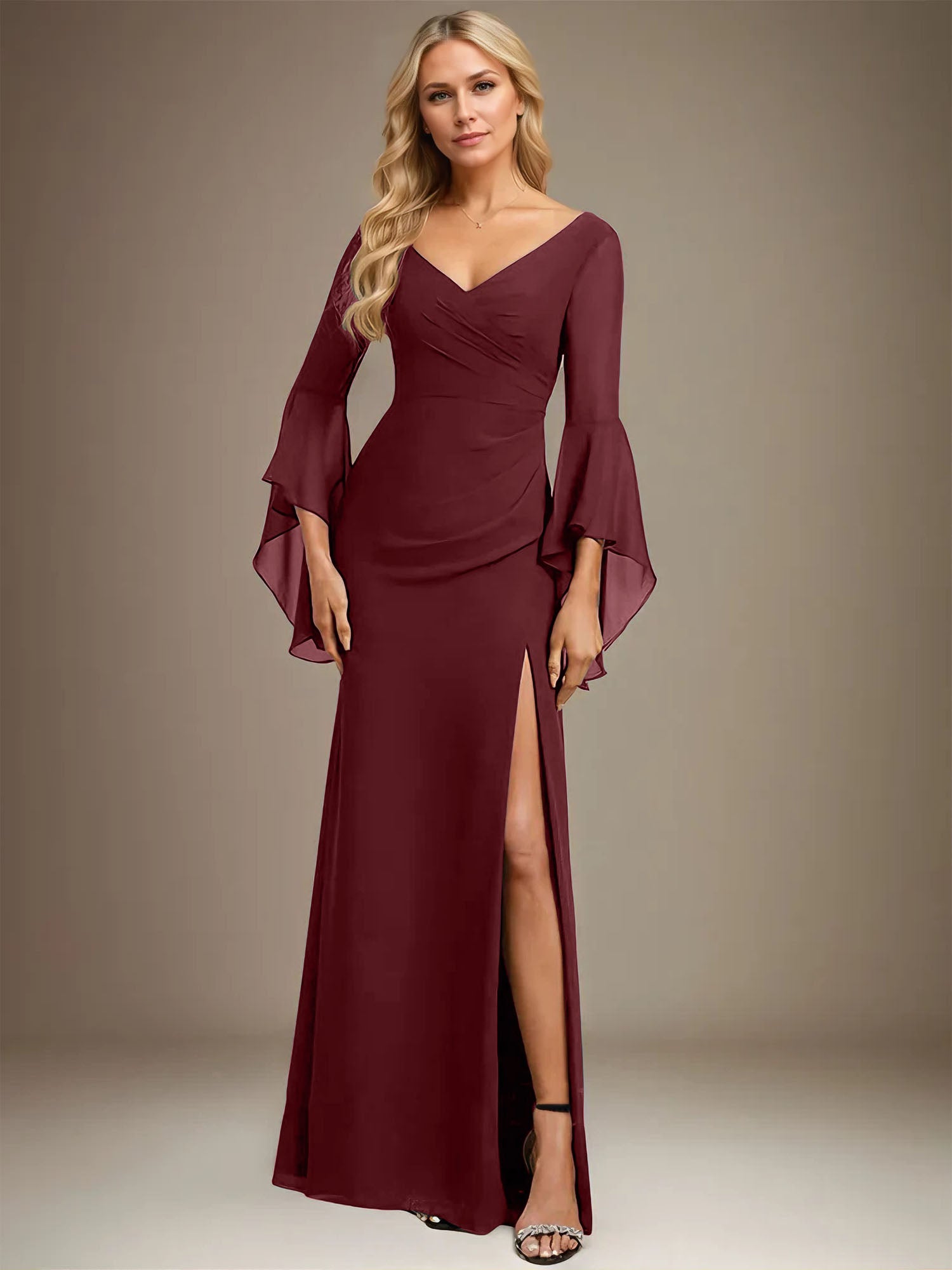 Column V-Neck Floor-Length Chiffon Dress With Pleated