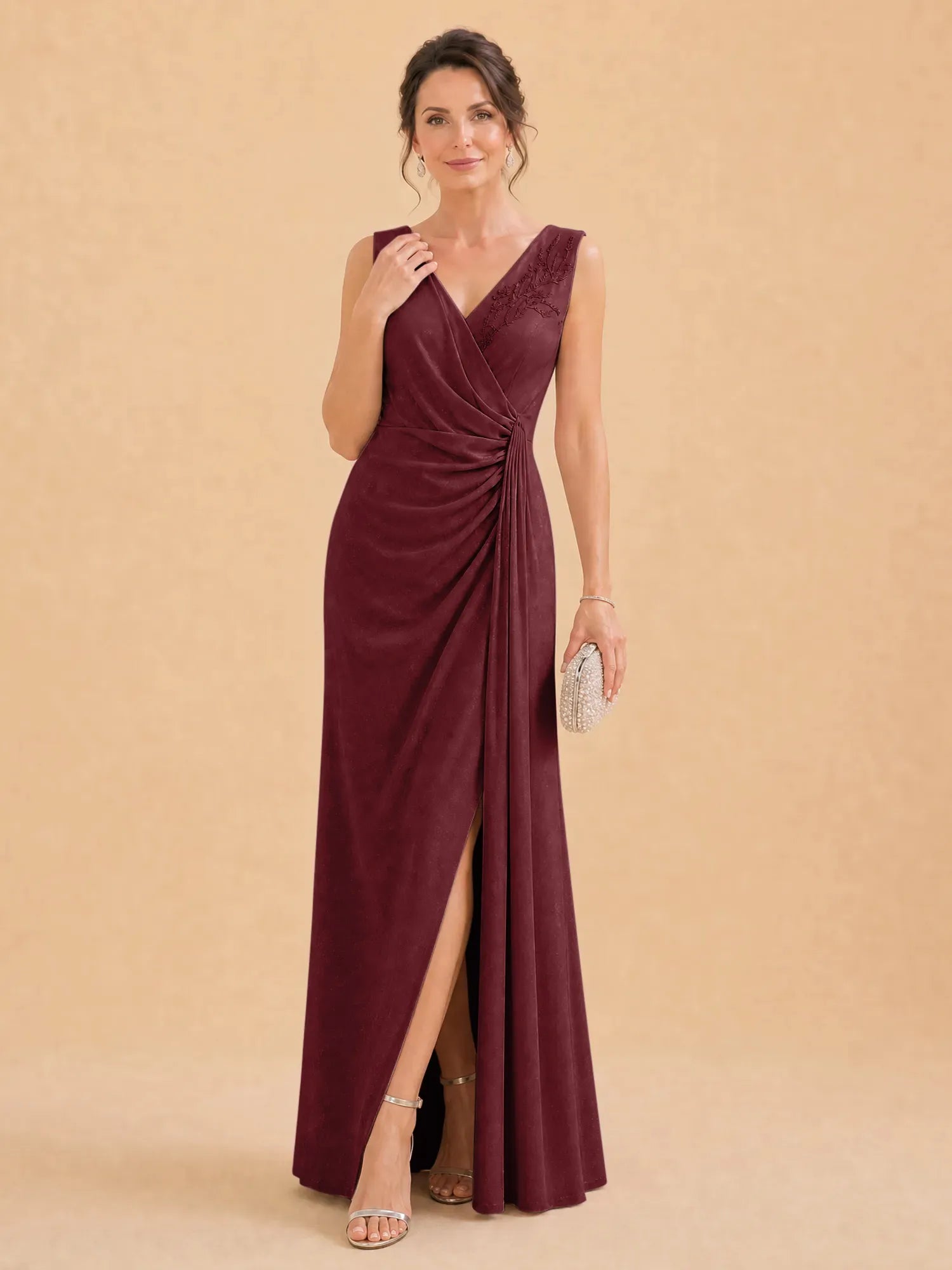 V-Neck Faux-Wrap Evening Gown with Side Draping Mother of The Bride Dresses