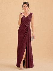 V-Neck Faux-Wrap Evening Gown with Side Draping Mother of The Bride Dresses