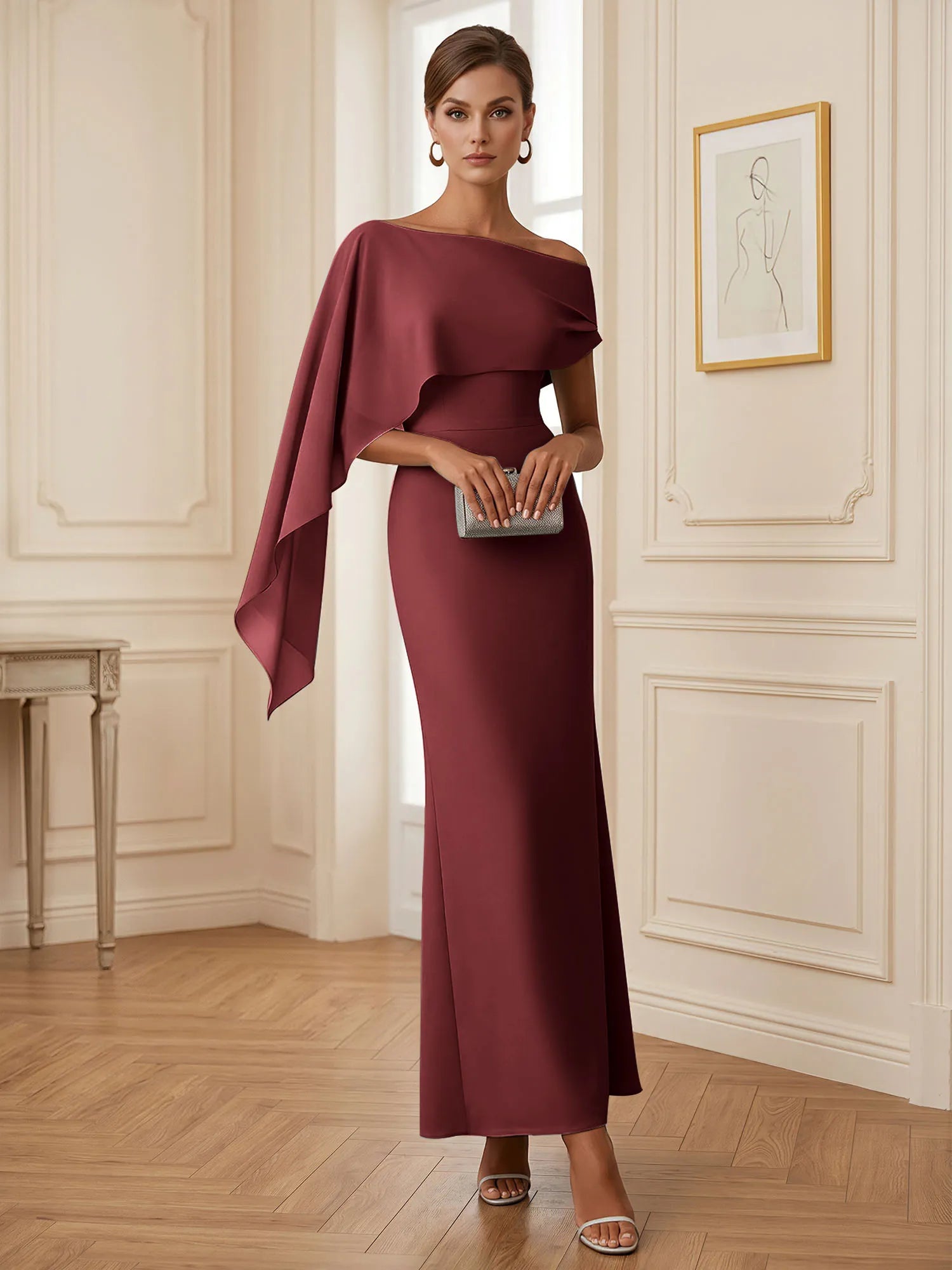 Elegant Mint Green One-Shoulder Chiffon Mermaid Formal Evening Dress with Cape and Ruffles