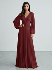 Slate Blue Plunging V-Neck Pleated Long Sleeve Maxi Dress Gown