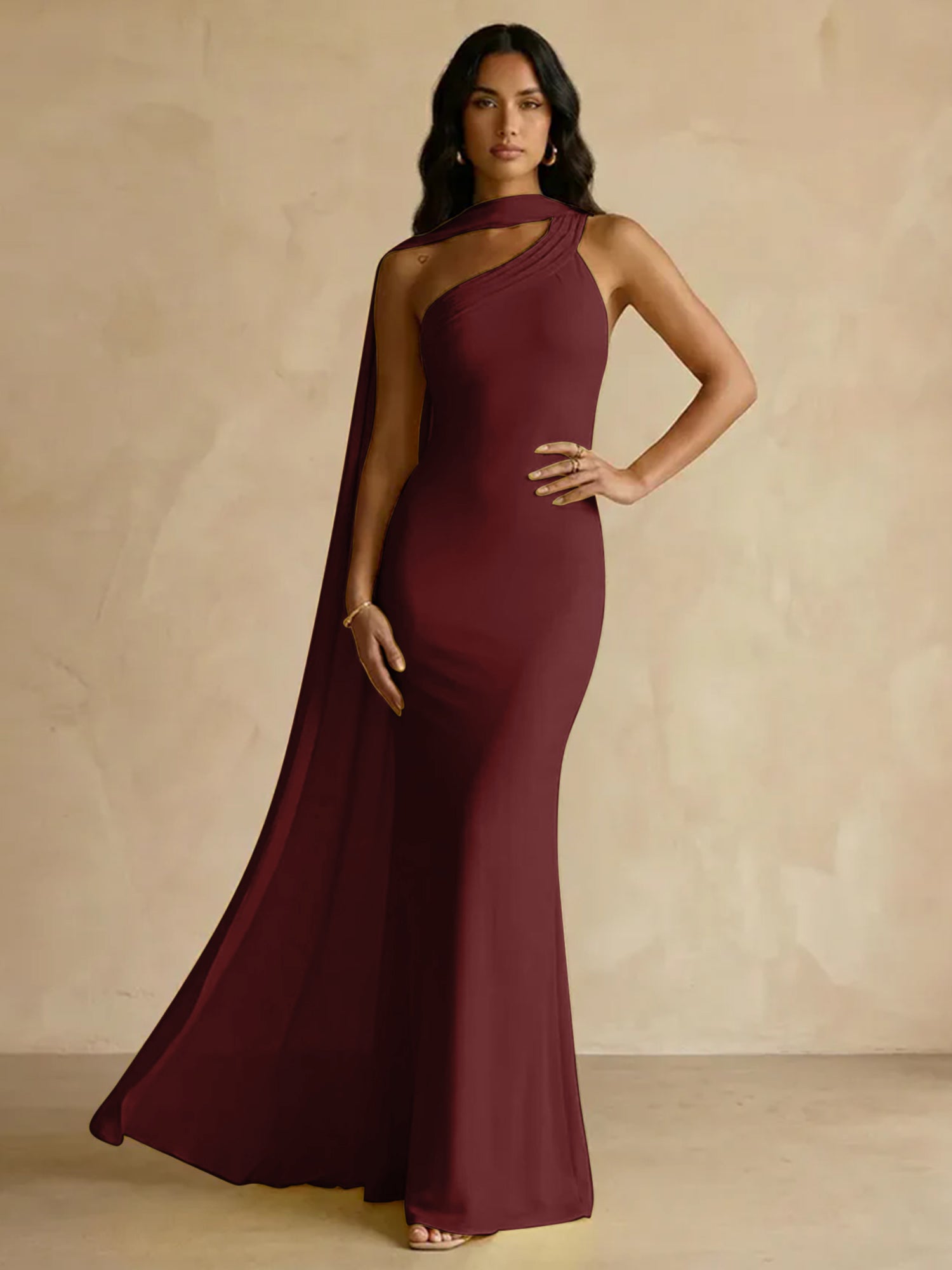 Yellow One-Shoulder Crepe Sheath Gown with Flowing Chiffon Cape Train