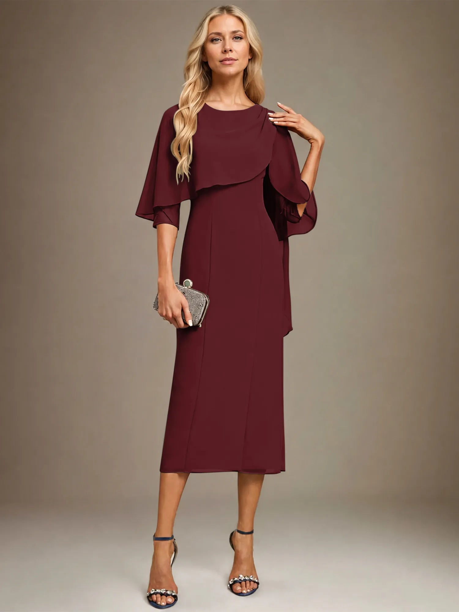 Sheath/Column Scoop Tea Length Chiffon Dress With Pleated Beading