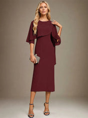 Sheath/Column Scoop Tea Length Chiffon Dress With Pleated Beading