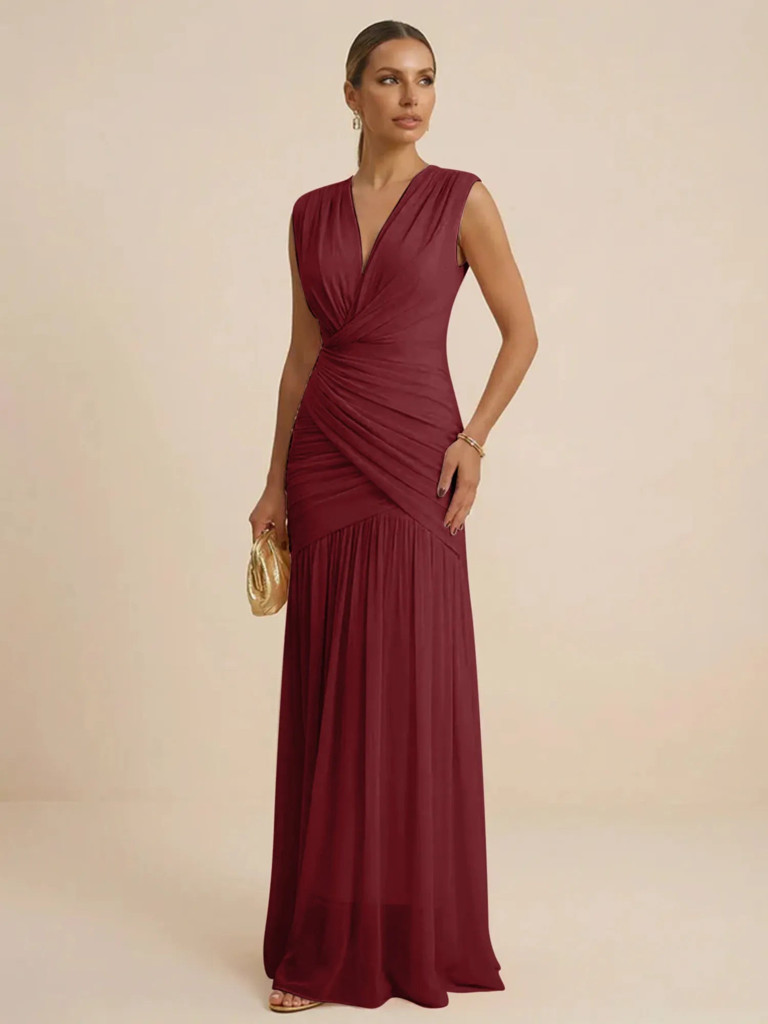 Pink Regular Straps V Neck Chiffon Pleat Mermaid Maxi Dress