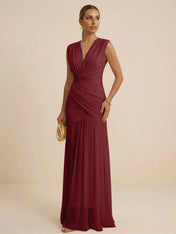 Pink Regular Straps V Neck Chiffon Pleat Mermaid Maxi Dress
