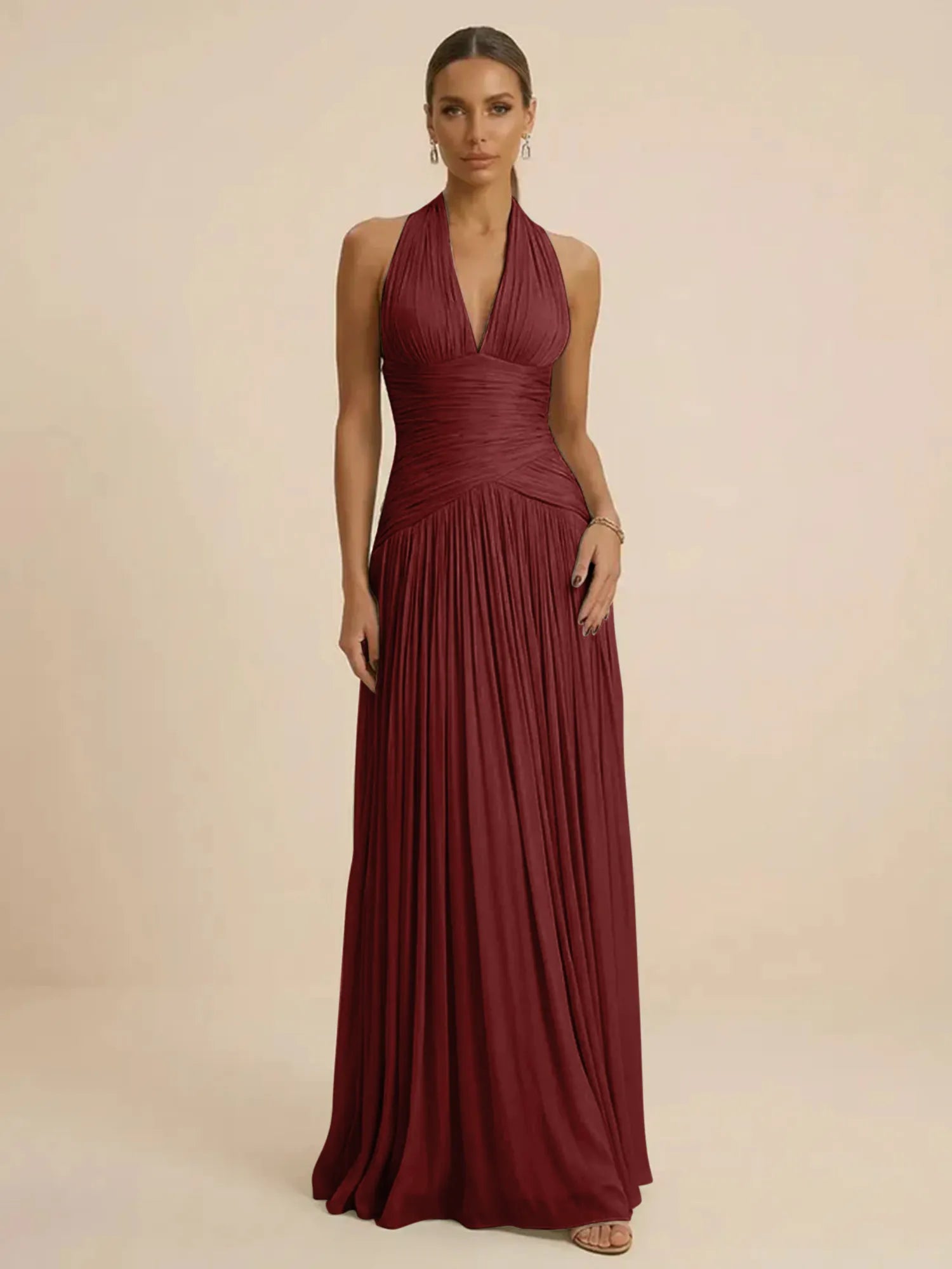 Sage Green Halter Neck Pleated Chiffon Evening Gown with Ruched